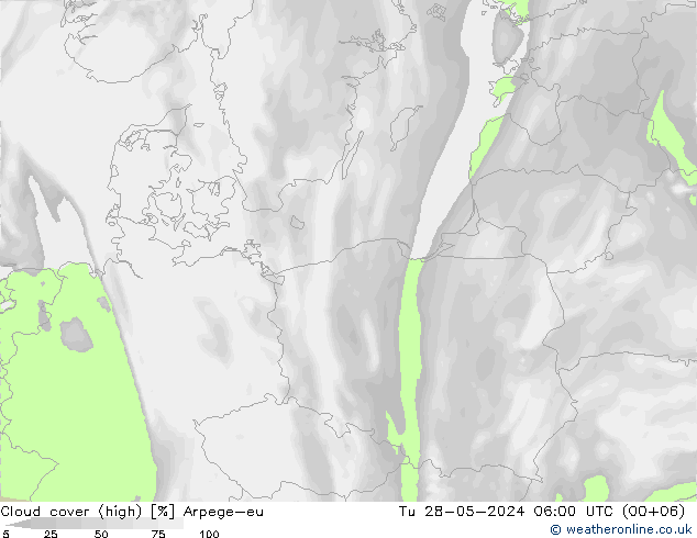 Cloud cover (high) Arpege-eu Tu 28.05.2024 06 UTC