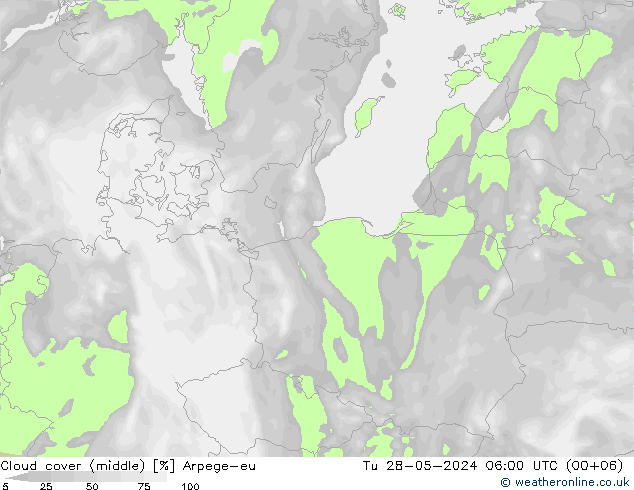 Cloud cover (middle) Arpege-eu Tu 28.05.2024 06 UTC