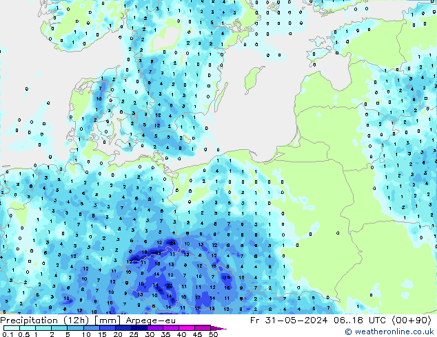Precipitación (12h) Arpege-eu vie 31.05.2024 18 UTC