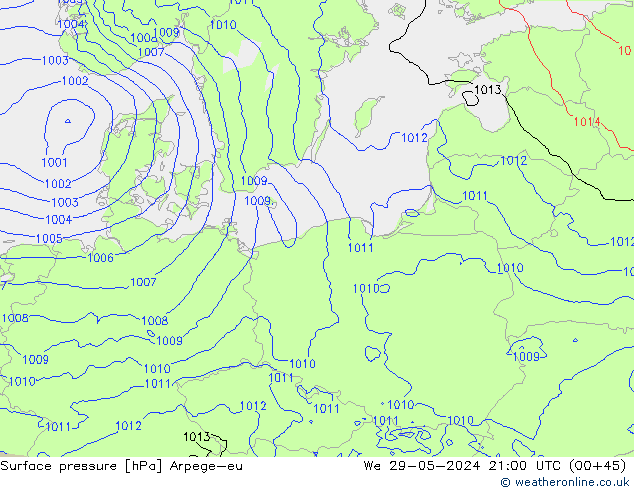 Pressione al suolo Arpege-eu mer 29.05.2024 21 UTC