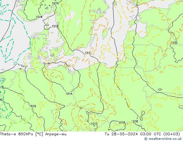 Theta-e 850hPa Arpege-eu mar 28.05.2024 03 UTC