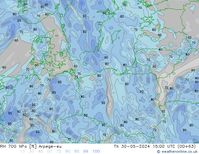 RH 700 hPa Arpege-eu Qui 30.05.2024 15 UTC