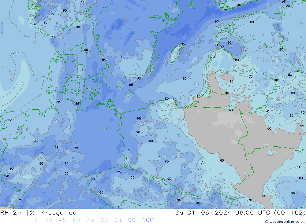 Humidité rel. 2m Arpege-eu sam 01.06.2024 06 UTC