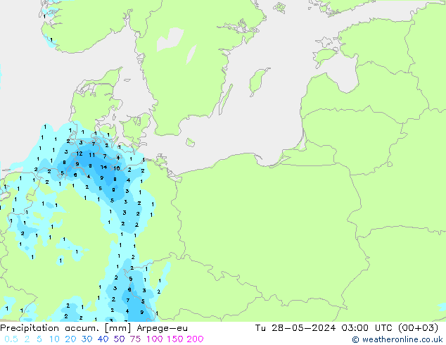 Precipitation accum. Arpege-eu Tu 28.05.2024 03 UTC