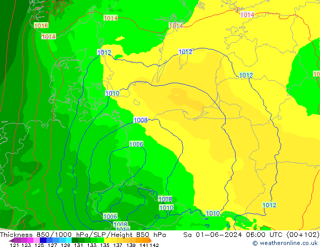 Thck 850-1000 hPa Arpege-eu so. 01.06.2024 06 UTC