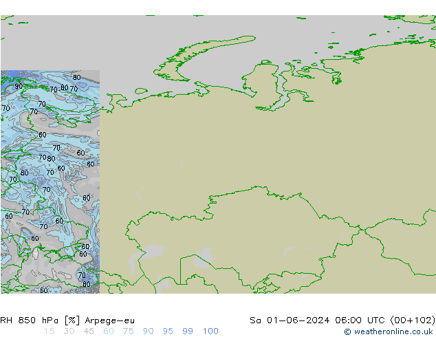 RH 850 hPa Arpege-eu Sa 01.06.2024 06 UTC