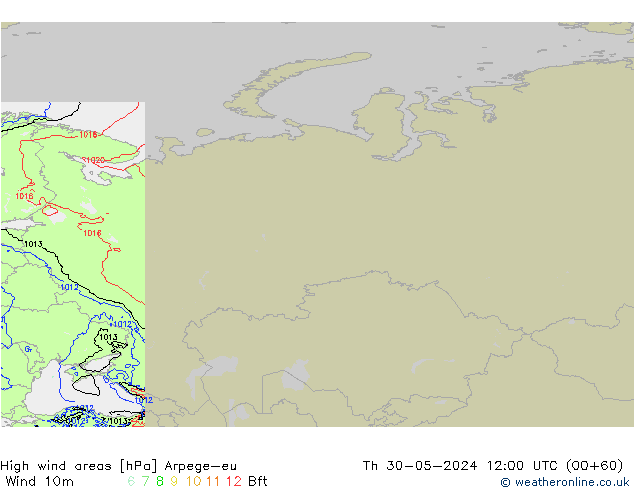 High wind areas Arpege-eu Čt 30.05.2024 12 UTC
