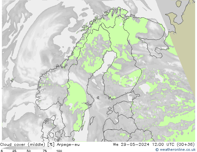 Cloud cover (middle) Arpege-eu We 29.05.2024 12 UTC