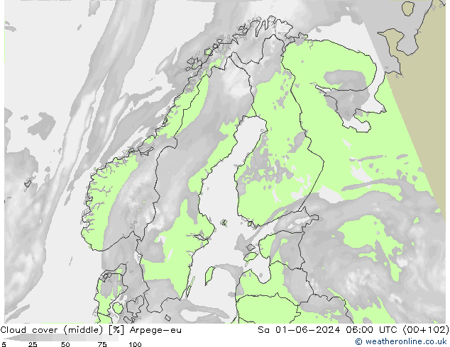 Cloud cover (middle) Arpege-eu Sa 01.06.2024 06 UTC