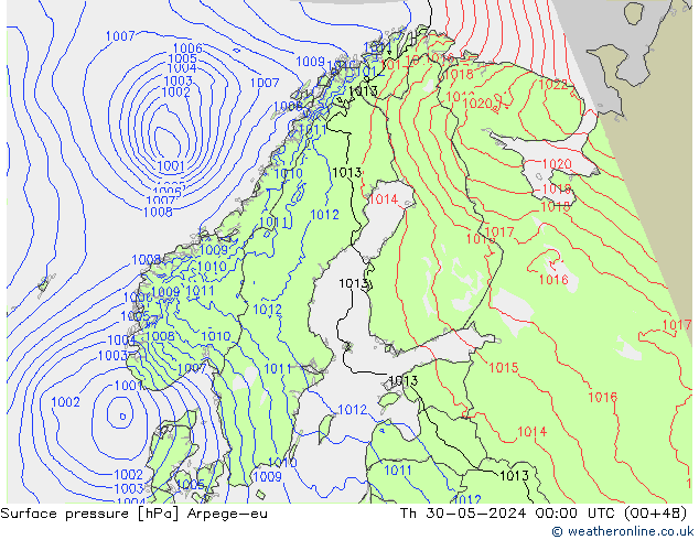 Presión superficial Arpege-eu jue 30.05.2024 00 UTC