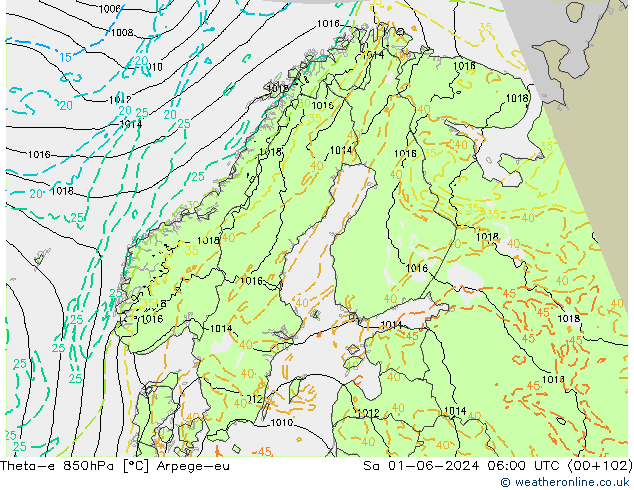 Theta-e 850hPa Arpege-eu Sa 01.06.2024 06 UTC