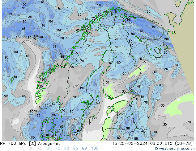Humidité rel. 700 hPa Arpege-eu mar 28.05.2024 09 UTC