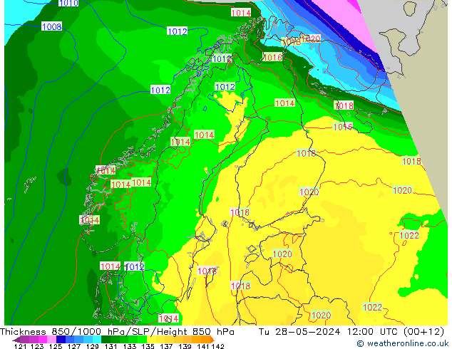 Dikte 850-1000 hPa Arpege-eu di 28.05.2024 12 UTC