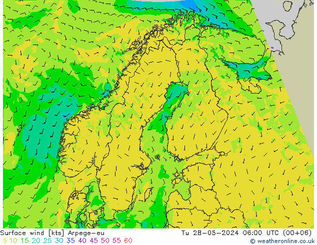 Surface wind Arpege-eu Tu 28.05.2024 06 UTC