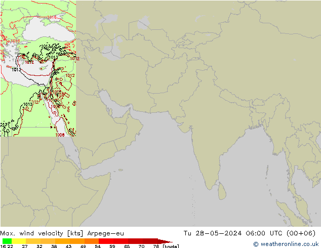 Max. wind velocity Arpege-eu Tu 28.05.2024 06 UTC