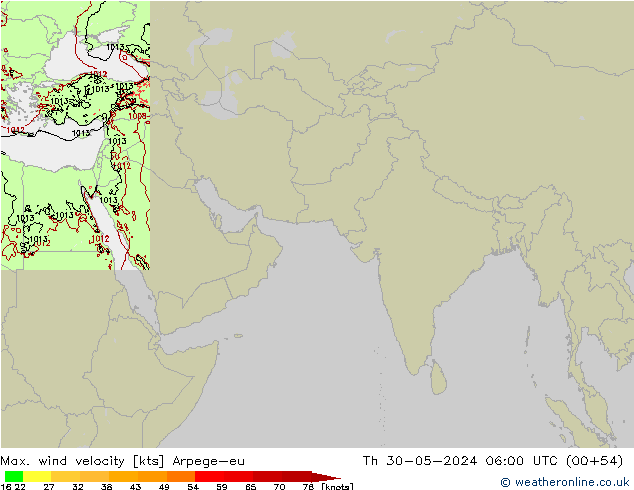 Max. wind velocity Arpege-eu jeu 30.05.2024 06 UTC