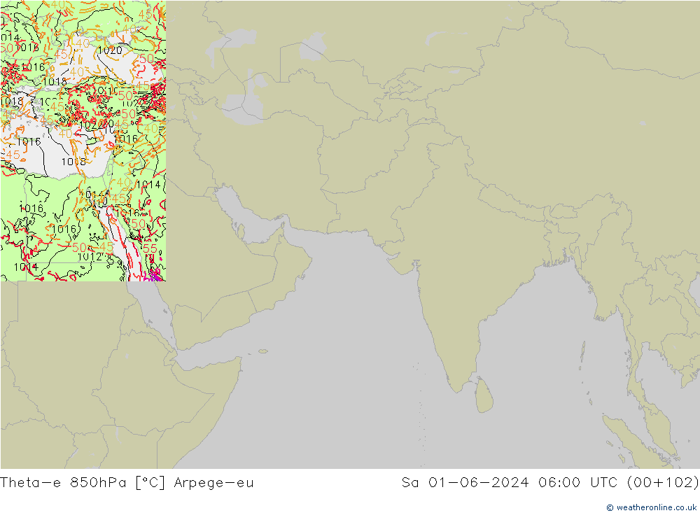 Theta-e 850hPa Arpege-eu 星期六 01.06.2024 06 UTC