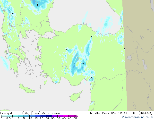 осадки (6h) Arpege-eu чт 30.05.2024 00 UTC