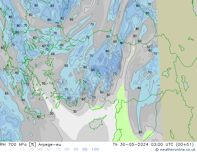 RH 700 hPa Arpege-eu Th 30.05.2024 03 UTC