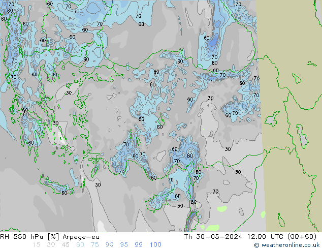 Humedad rel. 850hPa Arpege-eu jue 30.05.2024 12 UTC