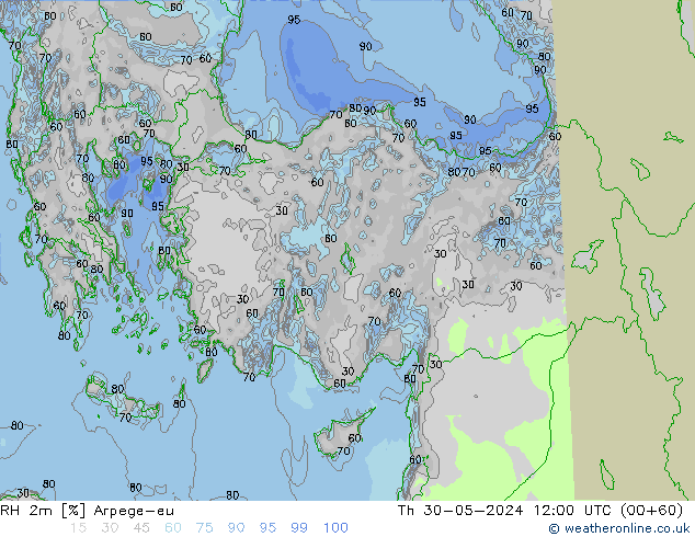 Humedad rel. 2m Arpege-eu jue 30.05.2024 12 UTC