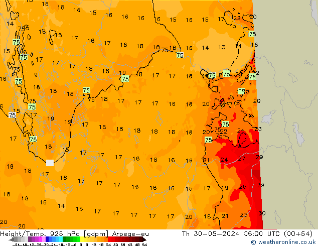 Height/Temp. 925 hPa Arpege-eu Th 30.05.2024 06 UTC