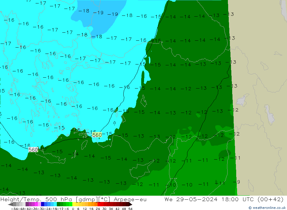 Height/Temp. 500 hPa Arpege-eu Qua 29.05.2024 18 UTC