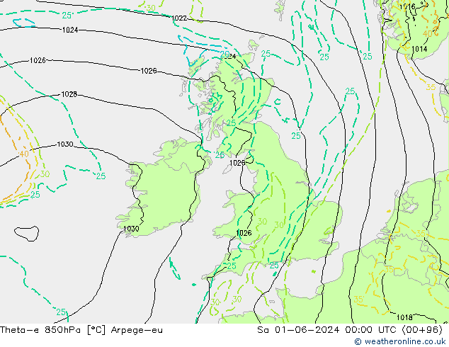 Theta-e 850hPa Arpege-eu za 01.06.2024 00 UTC