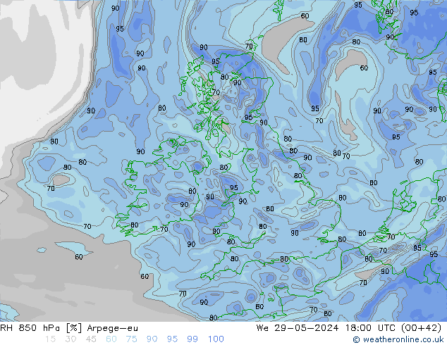 RH 850 hPa Arpege-eu śro. 29.05.2024 18 UTC