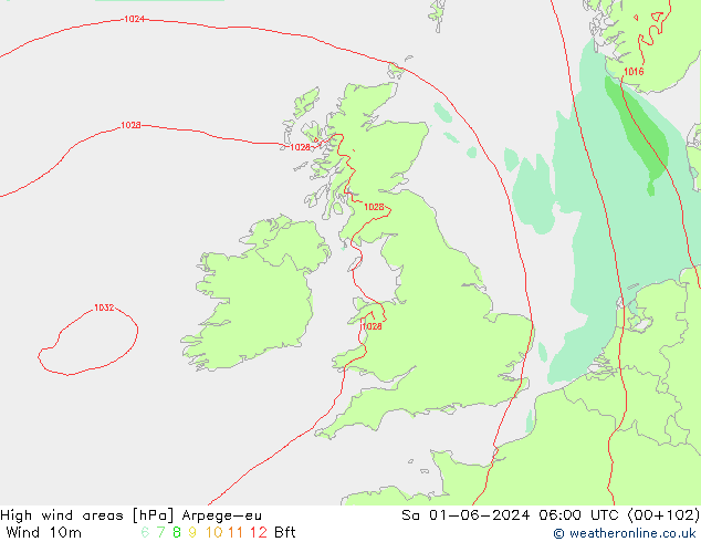 High wind areas Arpege-eu сб 01.06.2024 06 UTC