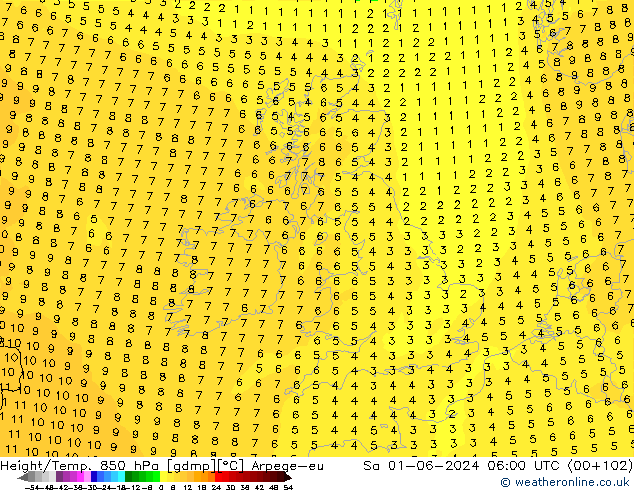 Height/Temp. 850 гПа Arpege-eu сб 01.06.2024 06 UTC