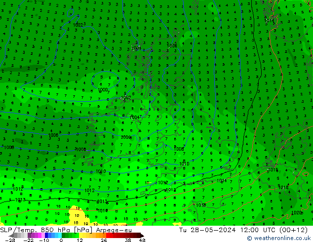 SLP/Temp. 850 гПа Arpege-eu вт 28.05.2024 12 UTC