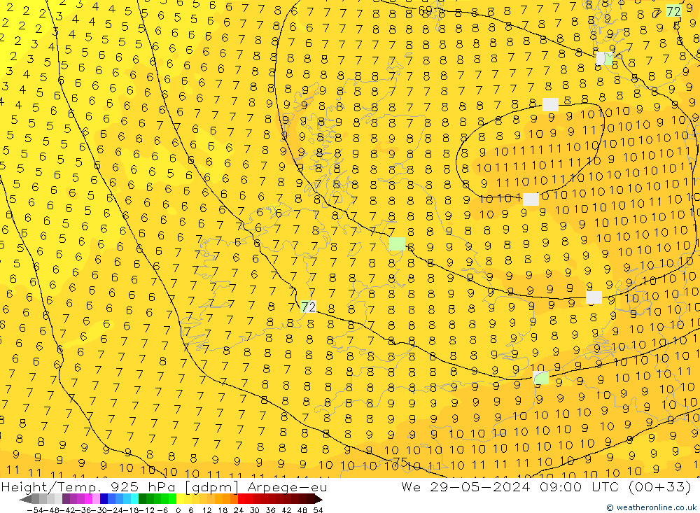 Height/Temp. 925 hPa Arpege-eu Mi 29.05.2024 09 UTC