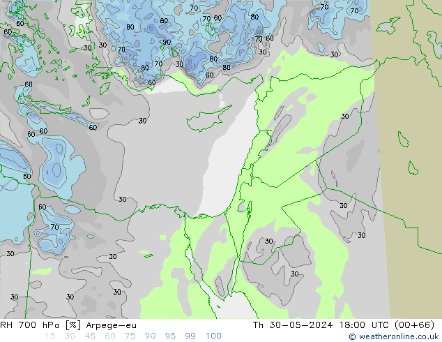 Humedad rel. 700hPa Arpege-eu jue 30.05.2024 18 UTC