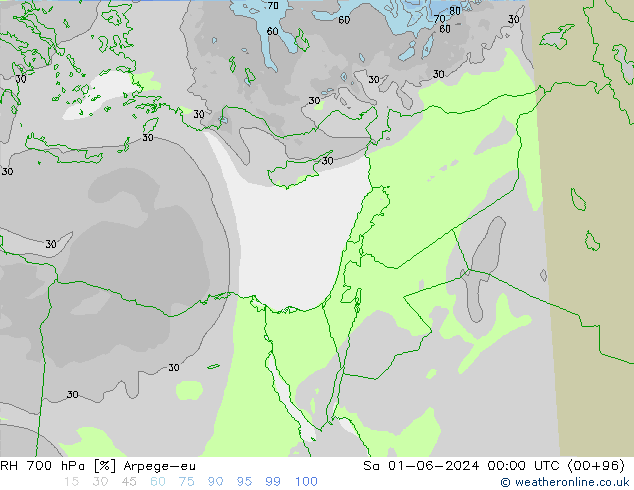 Humidité rel. 700 hPa Arpege-eu sam 01.06.2024 00 UTC