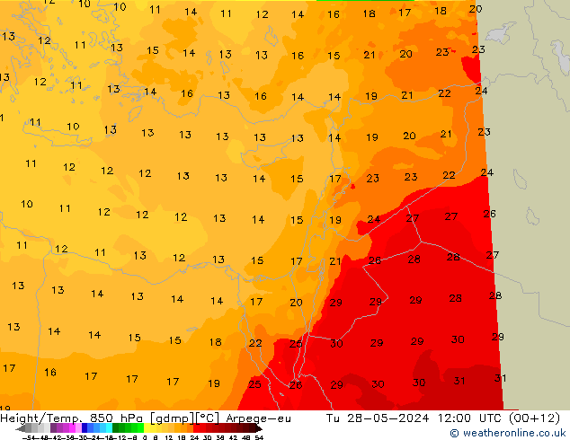 Height/Temp. 850 гПа Arpege-eu вт 28.05.2024 12 UTC