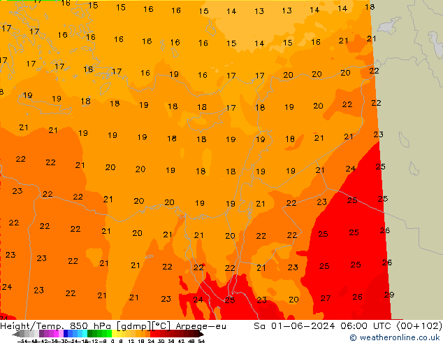 Hoogte/Temp. 850 hPa Arpege-eu za 01.06.2024 06 UTC