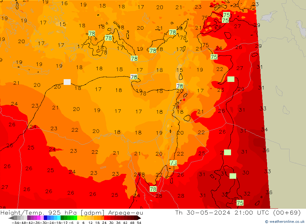 Height/Temp. 925 hPa Arpege-eu Čt 30.05.2024 21 UTC