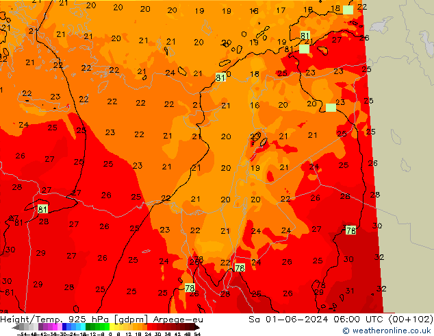 Yükseklik/Sıc. 925 hPa Arpege-eu Cts 01.06.2024 06 UTC