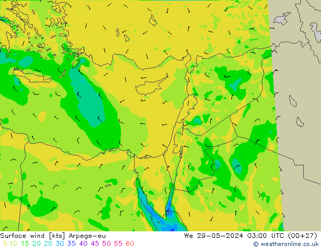 Vento 10 m Arpege-eu mer 29.05.2024 03 UTC