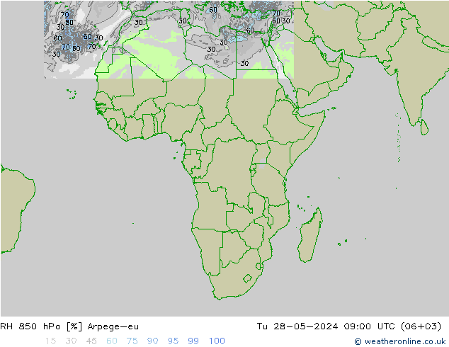 RH 850 hPa Arpege-eu Tu 28.05.2024 09 UTC