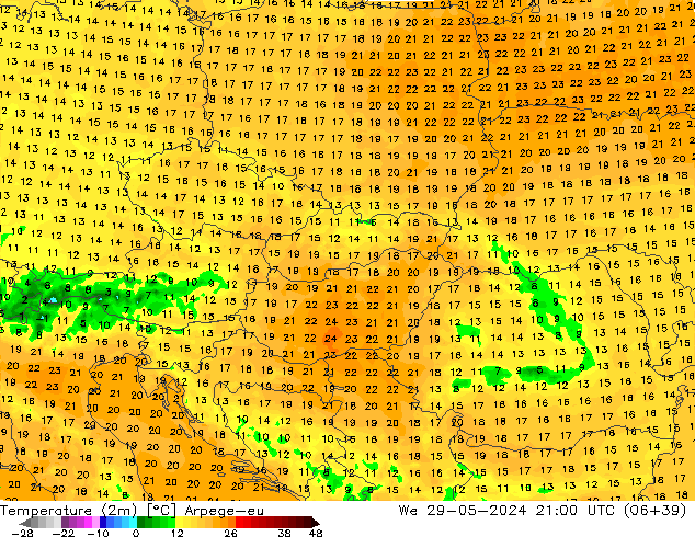 Temperature (2m) Arpege-eu We 29.05.2024 21 UTC