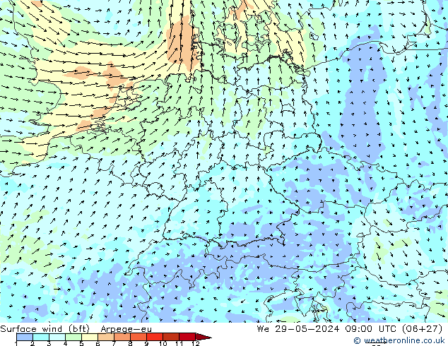 Vent 10 m (bft) Arpege-eu mer 29.05.2024 09 UTC