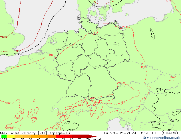 Max. wind velocity Arpege-eu  28.05.2024 15 UTC