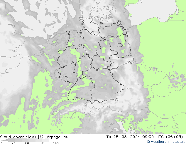 Cloud cover (low) Arpege-eu Tu 28.05.2024 09 UTC