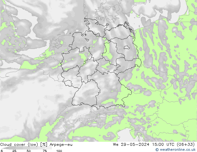 Cloud cover (low) Arpege-eu We 29.05.2024 15 UTC