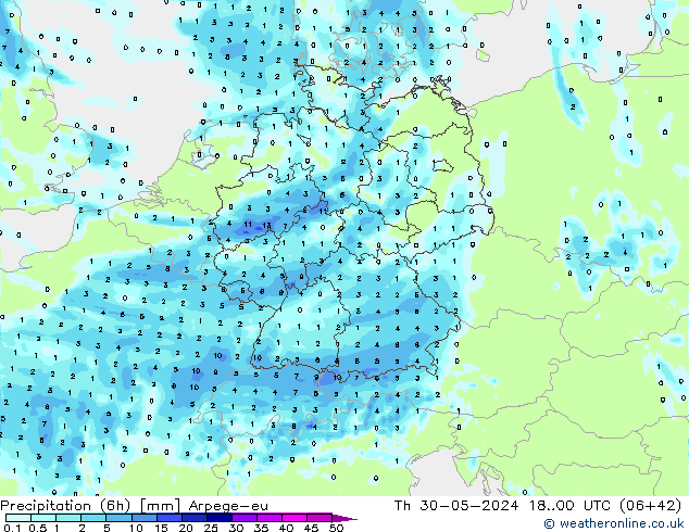 Précipitation (6h) Arpege-eu jeu 30.05.2024 00 UTC