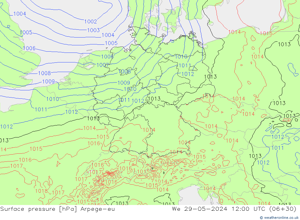 Pressione al suolo Arpege-eu mer 29.05.2024 12 UTC