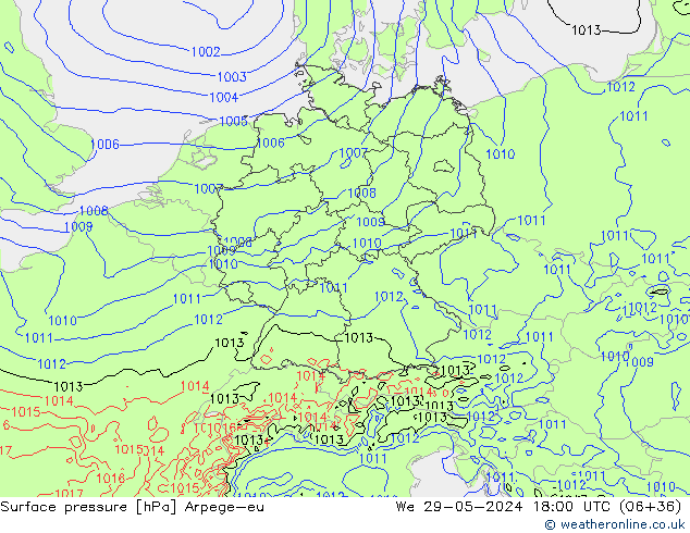 Pressione al suolo Arpege-eu mer 29.05.2024 18 UTC