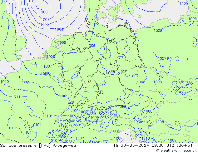 Atmosférický tlak Arpege-eu Čt 30.05.2024 09 UTC